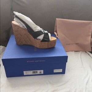 Stuart Weitzman Black and Tan Wedge Sandals